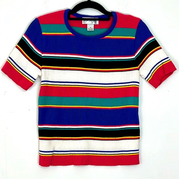 Kim Rogers Sweaters - 🌞 Kim Rogers colorful striped short sleeve round neck ribbed sweater women M